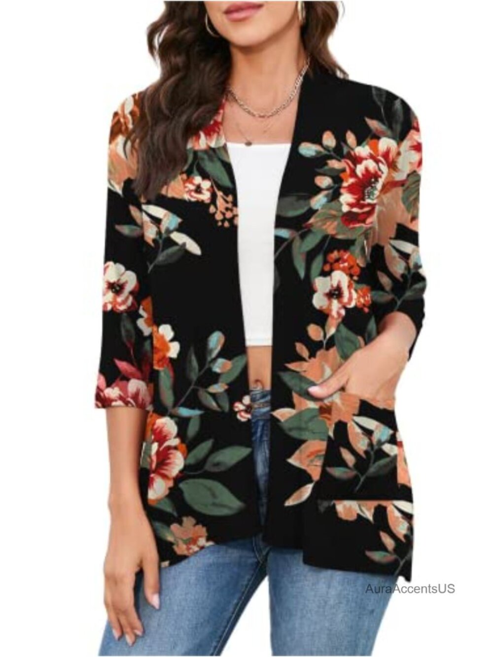 Womens 3/4 Sleeve Open Front Duster Cardigan with Pockets Lightweight